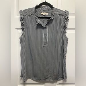 Great Condition Loft Sleeveless Ruffle Neck Navy Striped Blouse | XL